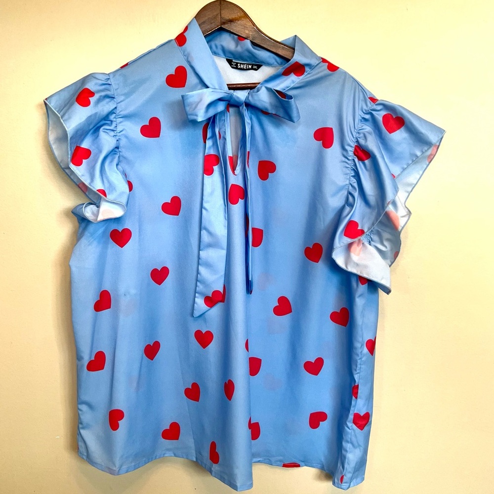 hearts blouse keyhole bow neck ruffle sleeves